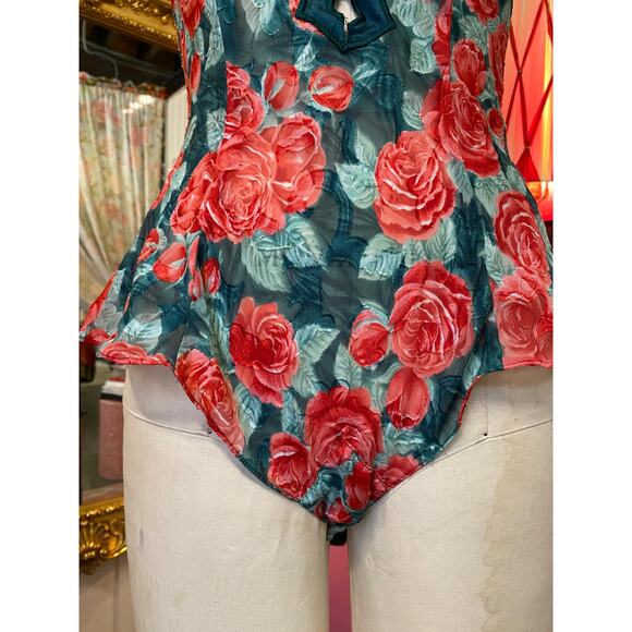 vintage 1980s victorias secret teddy red and green rose tap short one piece - Picture 3 of 10